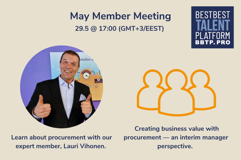 May member meeting featuring Lauri Vihonen, expert in procurement. 